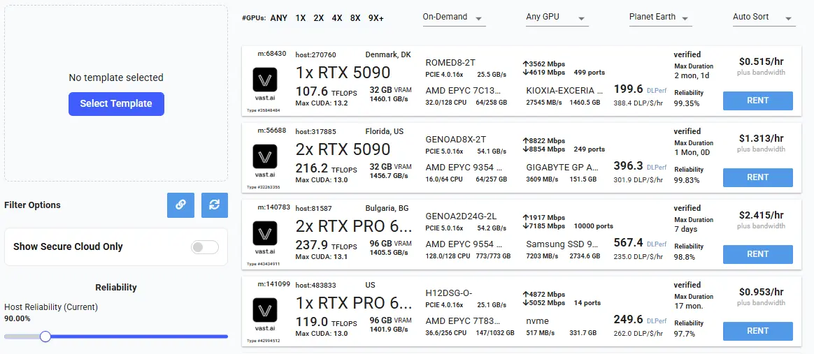 Vast.ai 网站截图预览